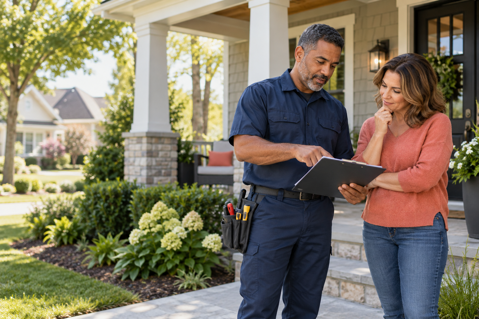 A home professional reviewing a maintenance plan with a homeowner